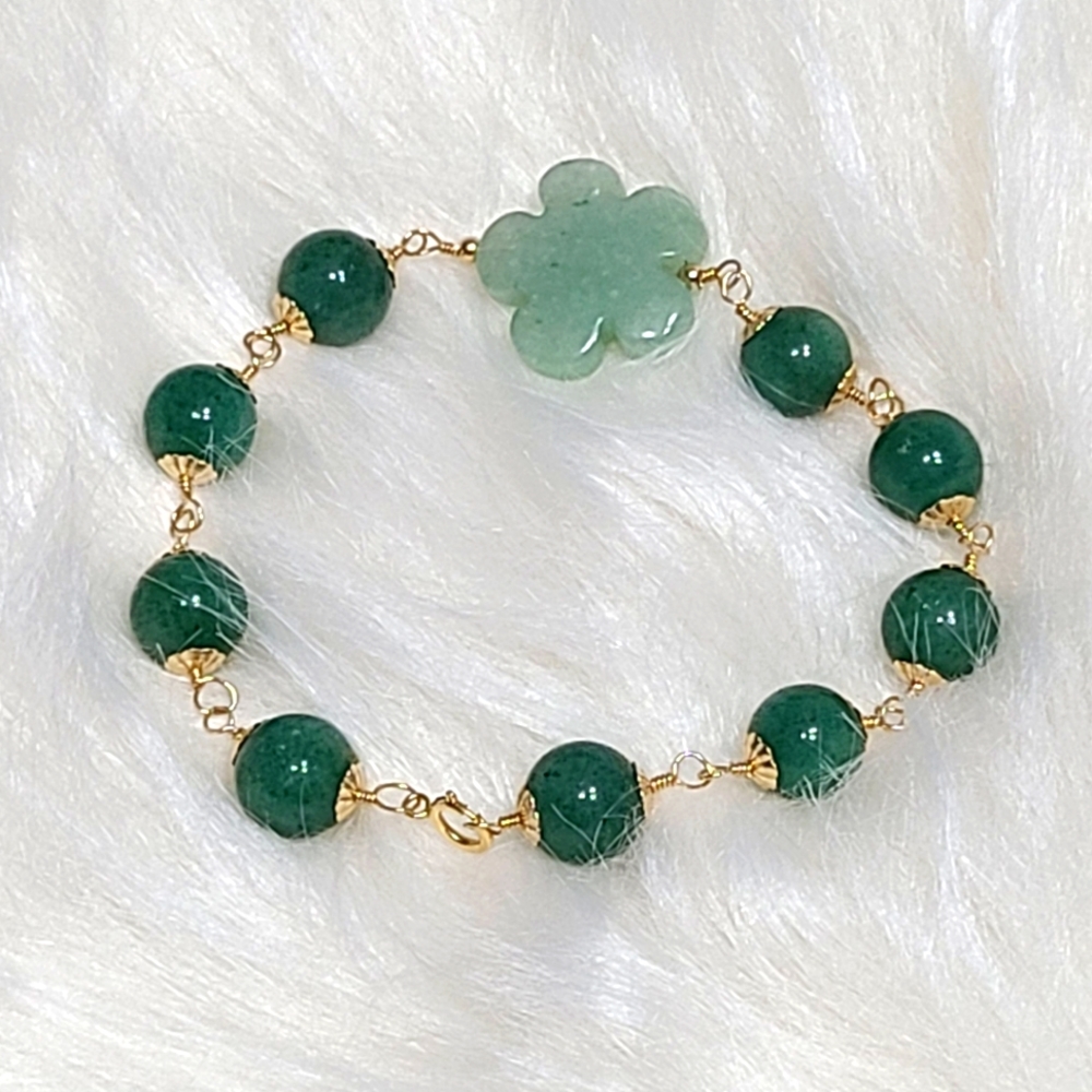 14k Gold Filled Chinese Flower & Beads Jade Bracelet